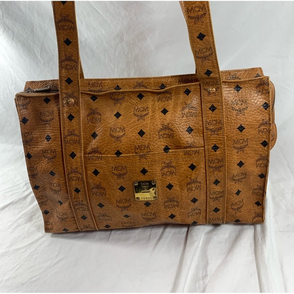 Genuine MCM Munchen cognac tan signature canvas and leather tote bag - Picture 2 of 16
